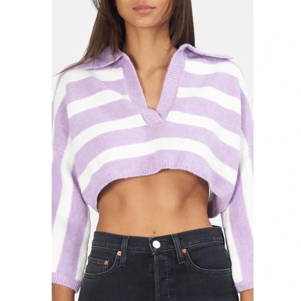 NWT LOVE LEMONS 90s Lavender Stripe V-Neck Oversized Soft Knit Cropped Sweater L